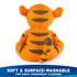 Disney Tigger knit plush is shown from the back, revealing orange knit fabric with brown stitched stripes, rounded tail, and surface-washable construction for easy, convenient cleaning.