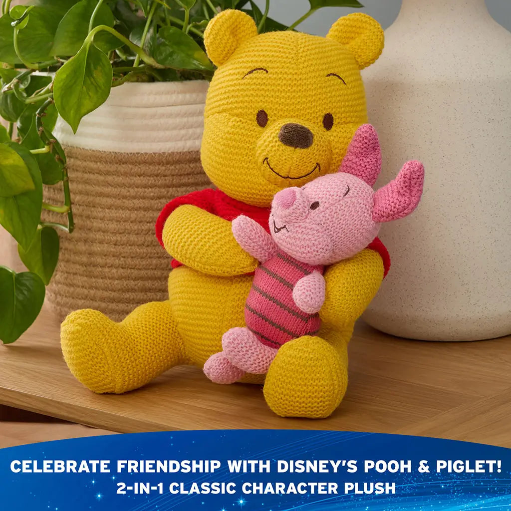 Disney Winnie the Pooh and Piglet knit plush features warm yellow and pink chunky-knit fabric, rounded seated shapes, embroidered smiles, and a cuddly 2-in-1 design celebrating friendship for play or display.