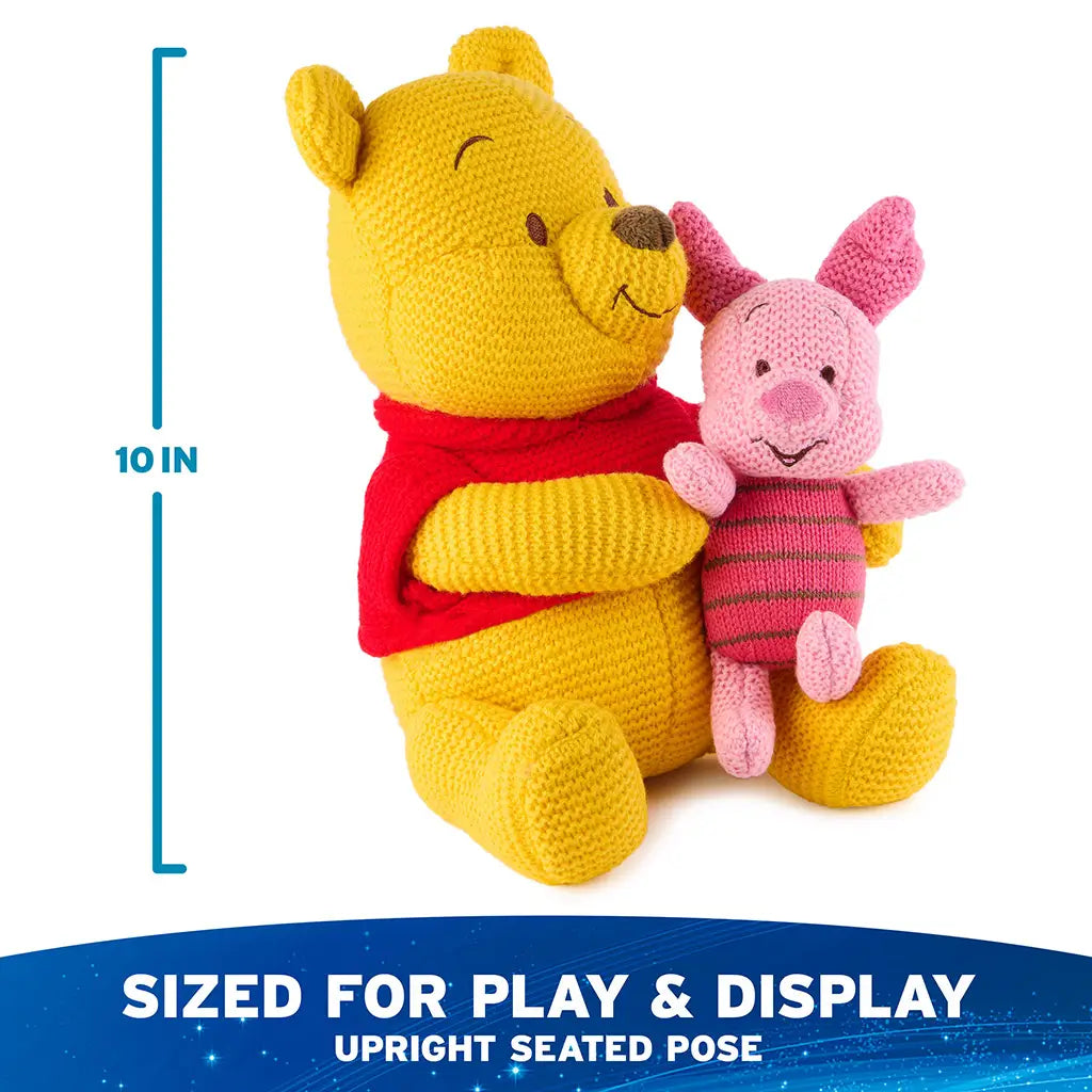 Disney Winnie the Pooh and Piglet plush includes a 10-inch size reference, showing compact proportions, upright seated posture, and lightweight knit build sized for play, cuddling, and shelf display.