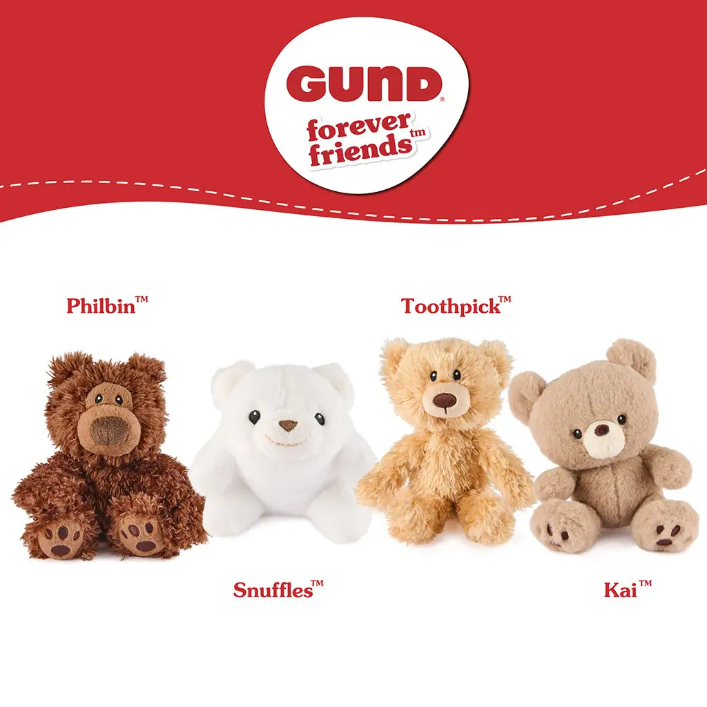 GUND Forever Friends plush collection in assorted colors and soft fabrics, multiple teddy bear styles including Philbin, Snuffles, Toothpick, and Kai displayed on a clean white background