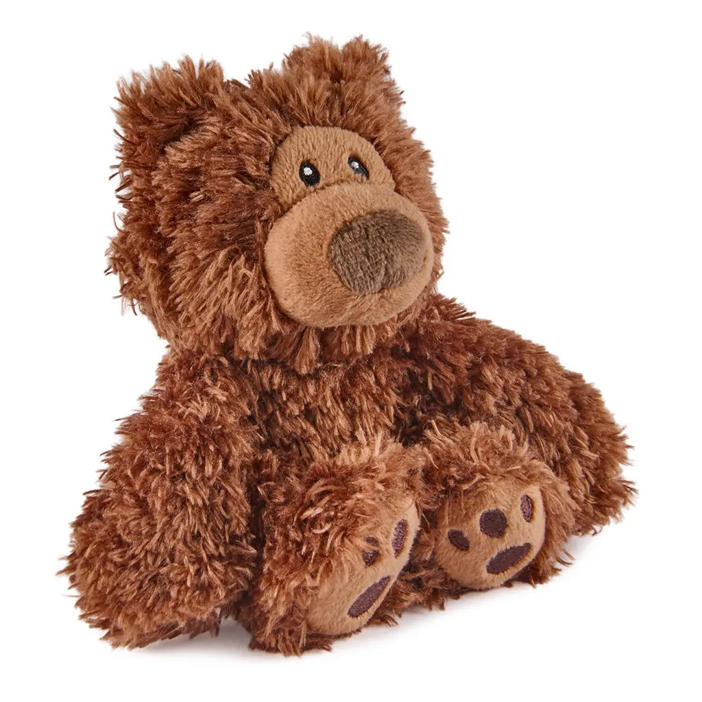 GUND Philbin plush teddy bear in brown fuzzy fabric with rounded limbs and paw pads, angled seated pose highlighting soft texture and stitched details, small toy on a plain white background