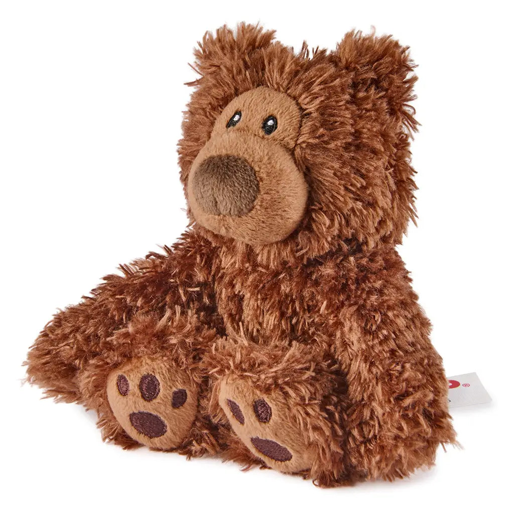 GUND Philbin plush teddy bear in brown soft fabric with rounded shape and plush texture, angled side view showing embroidered features and paw details, small stuffed toy on white background