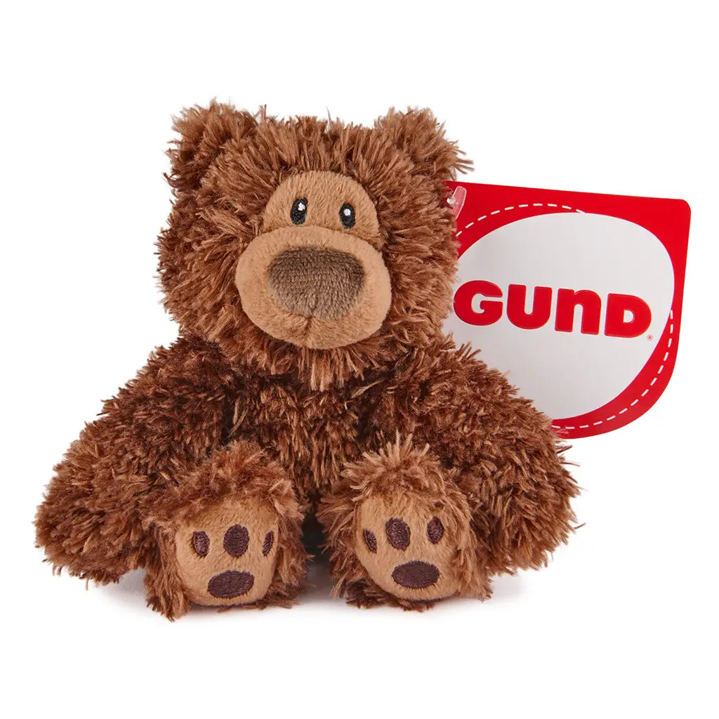 GUND Philbin plush teddy bear in brown textured fabric with rounded limbs and soft shape, small cuddly toy with embroidered features and branded tag, displayed on a white background