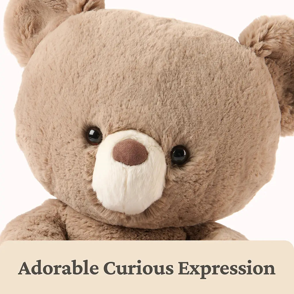 GUND teddy bear close-up showing warm beige plush fur, velvety texture, rounded head shape, shiny black safety eyes, and a soft cream muzzle that creates an adorable, curious expression against a clean white background.