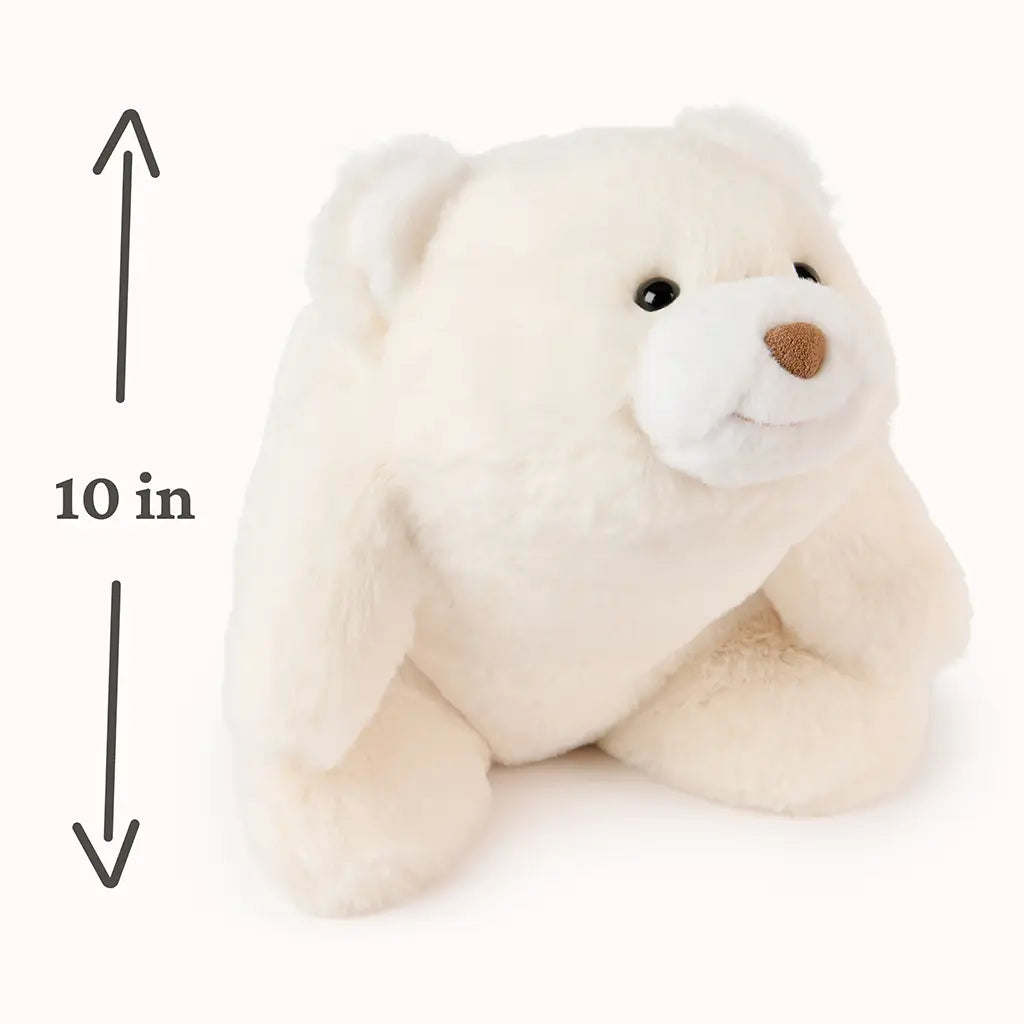 GUND Snuffles teddy bear plush in cream white fabric with a rounded under-stuffed body, shown with a measurement graphic indicating 10 inches tall, highlighting compact size for easy cuddling and display.