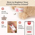 GUND Forever Friends registration graphic showing a beige plush bear with a sewn-in fabric tag, soft fuzzy texture and rounded form, explaining how to scan the QR code to register a plush toy for recovery.
