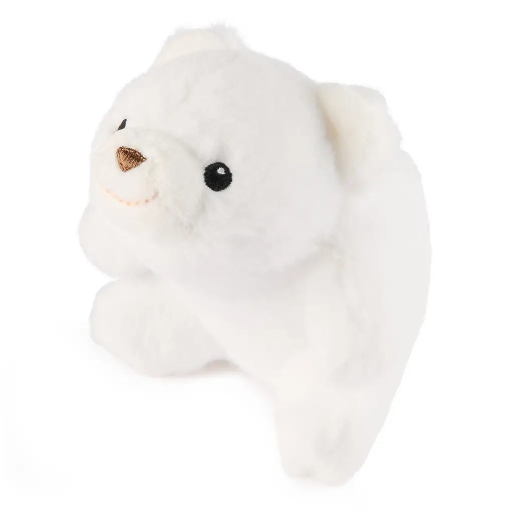 white plush teddy bear GUND toy, soft fuzzy fabric, rounded compact shape with embroidered nose and glossy eyes, angled perspective highlighting soft contours on a white background