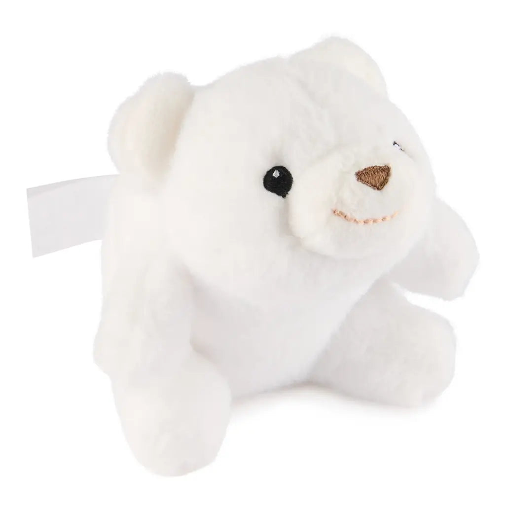 white plush teddy bear GUND toy, soft fuzzy fabric, compact rounded form with stitched smile and embroidered nose, angled side view highlighting shape on a clean white background