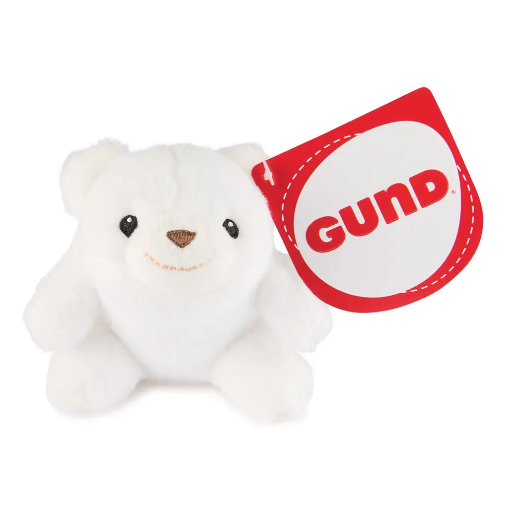 white plush teddy bear GUND toy, soft fuzzy fabric, rounded mini shape with stitched smile and embroidered nose, shown with red branded tag attached, isolated on a white background