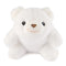 white plush teddy bear, soft fuzzy fabric, rounded compact shape designed as a cuddly toy, featuring embroidered brown nose and black eyes, posed on a clean white background for product display