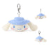 Cinnamoroll plush keychain by GUND in creamy white velour with floppy ears, rounded face shape, embroidered blue eyes and blush cheeks, blue camping hat, and silver clip, designed as a 3.5 inch collectible charm.