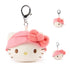 Hello Kitty plush keychain from GUND in white and soft pink velour fabric with rounded head shape, embroidered eyes and whiskers, pink camping hat with bow, and silver clip, sized for backpacks or keys on white background.