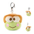 Keroppi plush keychain from GUND in light green velour fabric with smooth texture, wide rounded frog face, embroidered eyes and smile, tan camping hat, and silver clip, created as a small 3.5 inch surprise plush.
