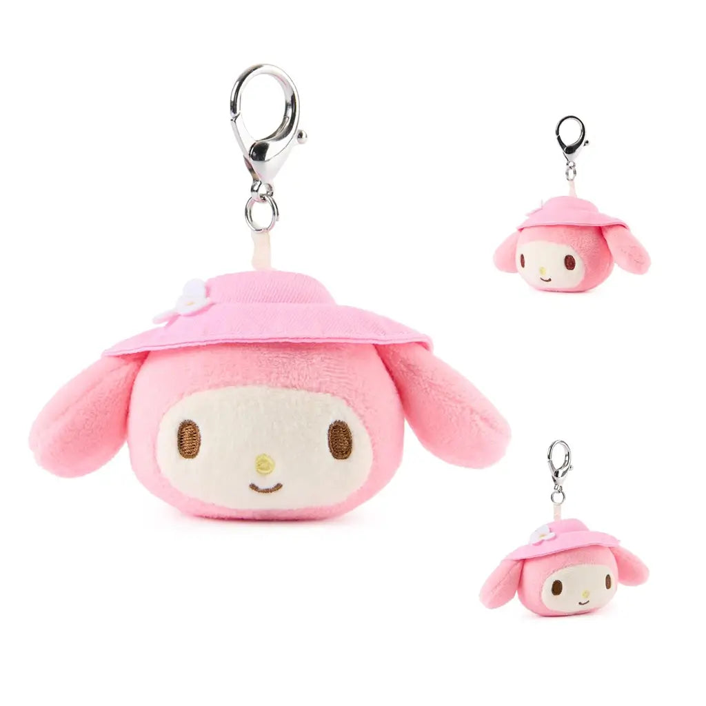 My Melody plush keychain by GUND in soft pink and white velour fabric with rounded face shape, embroidered eyes and nose, floppy ears, pink camping hat, and silver clip, created as a cute 3.5 inch collectible charm.
