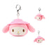 My Melody plush keychain by GUND in soft pink and white velour fabric with rounded face shape, embroidered eyes and nose, floppy ears, pink camping hat, and silver clip, created as a cute 3.5 inch collectible charm.