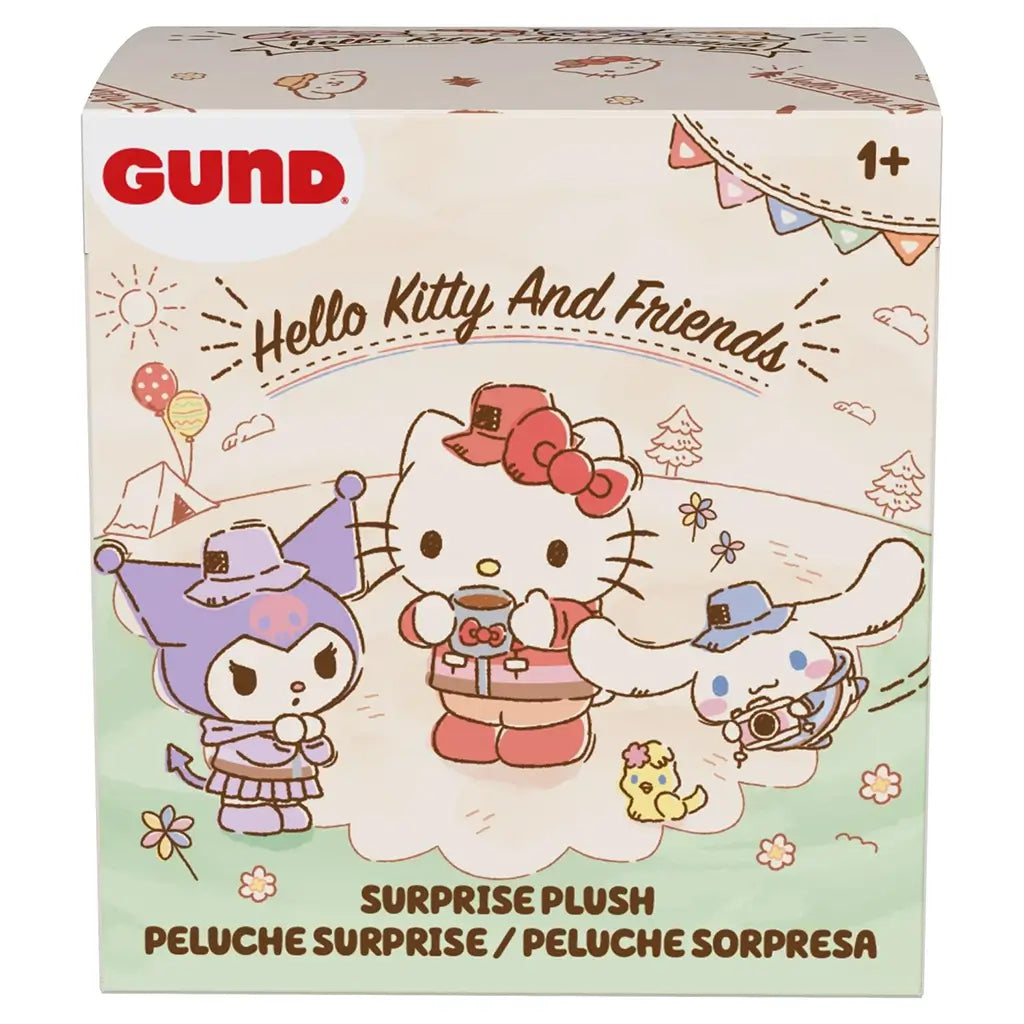 GUND Hello Kitty and Friends surprise plush box in pastel cream packaging with illustrated camping scenes, playful line art characters, and colorful accents, designed to hold a 3.5 inch collectible plush for ages one plus.