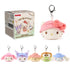 GUND Hello Kitty and Friends camping surprise plush assortment showing multiple pastel character keychains with soft velour texture, rounded shapes, embroidered faces, and silver clips, displayed together on a clean white studio background.