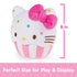 GUND Hello Kitty cupcake plush shown with an 8 inch height measurement graphic, featuring white velour frosting shape, pink striped cupcake base, embroidered facial details, rainbow sprinkles, and proportions sized for play and display.