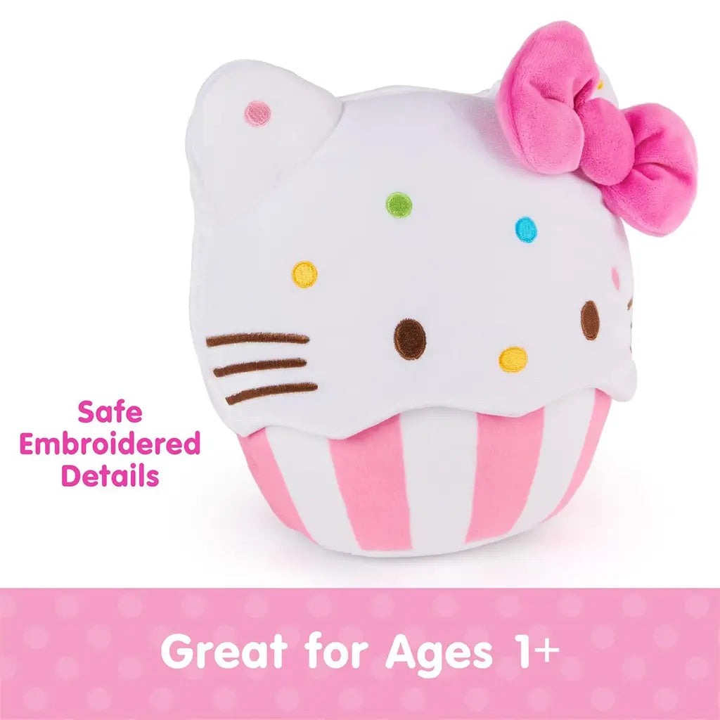 GUND Hello Kitty cupcake plush highlighting safe embroidered details, including brown eyes, whiskers, yellow nose, colorful sprinkle accents, and stitched features, crafted in soft velour fabric with a rounded cupcake silhouette.