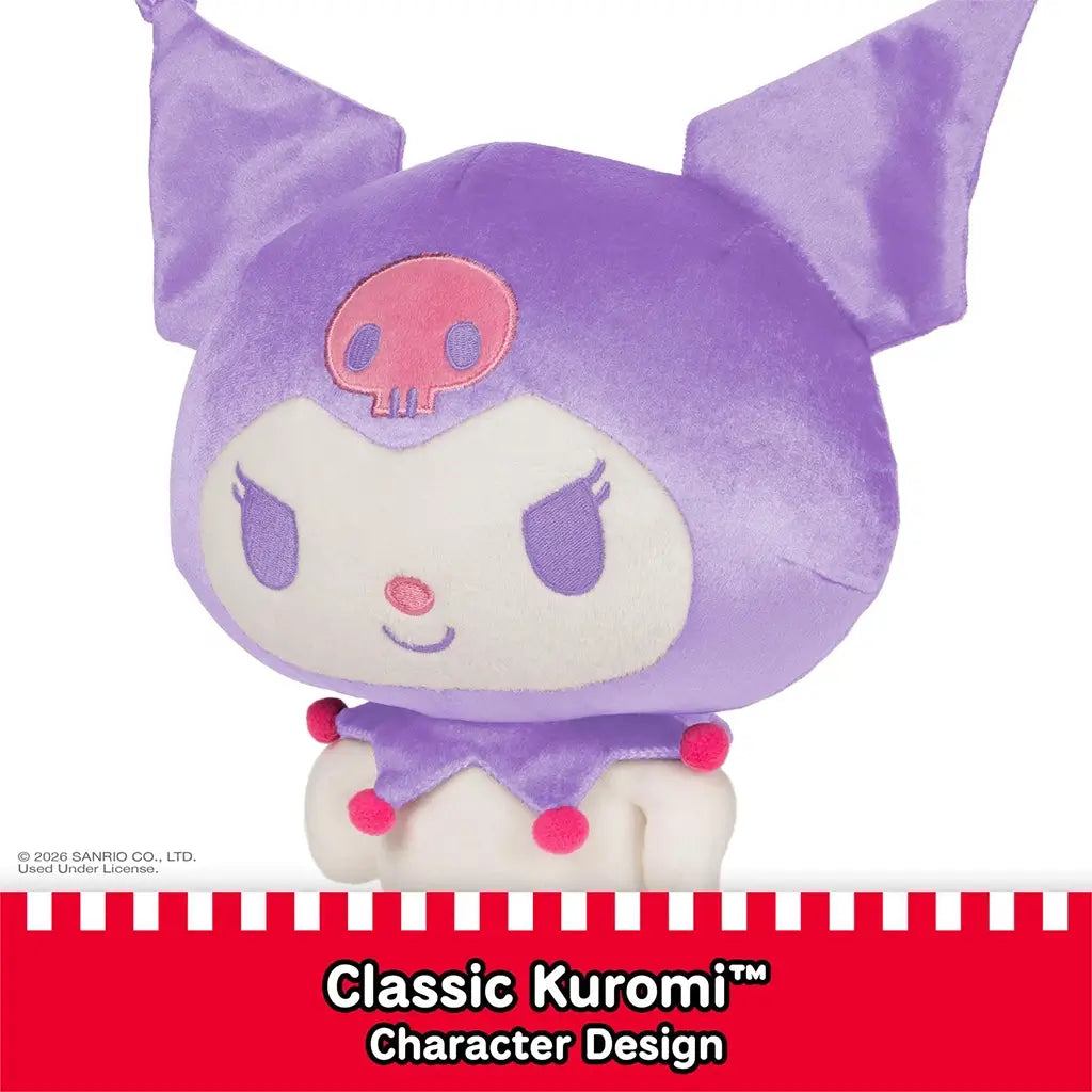 Kuromi plush by GUND in classic Sanrio design featuring purple velour hood with pointed ears, white body, embroidered skull emblem, eyes and smile, and soft rounded plush construction photographed on a clean white background.