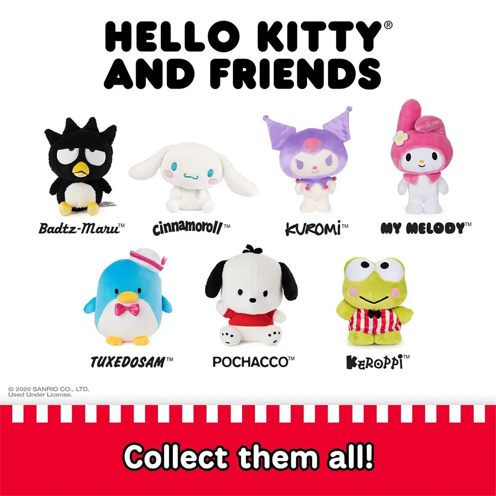 GUND Sanrio collectible plush assortment featuring Kuromi, Hello Kitty, Cinnamoroll, My Melody, Keroppi, Pochacco, Tuxedosam, and Badtz-Maru, shown together on a white background to highlight character variety and collectability.