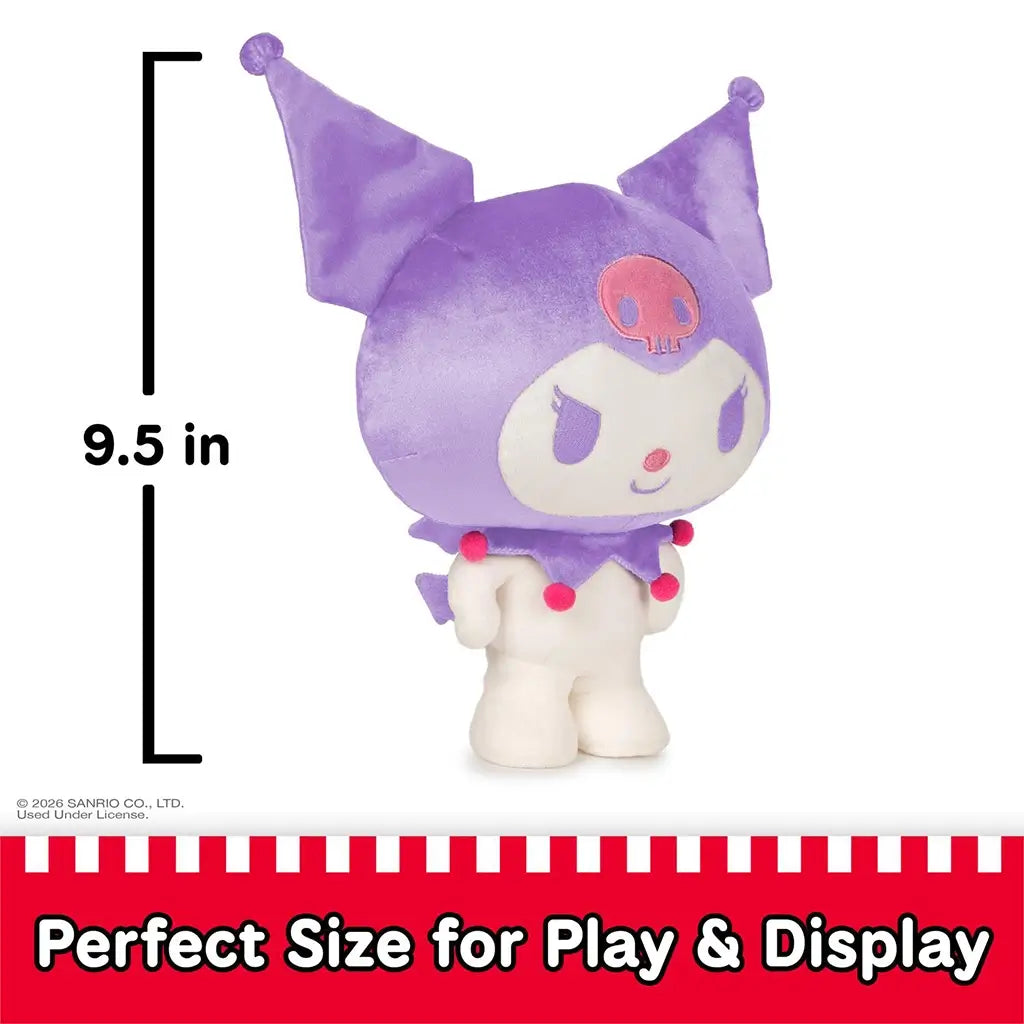 GUND Kuromi plush shown with a 9.5 inch height measurement graphic, featuring purple velour hood, pointed ears, embroidered facial details, rounded plush body, and proportions sized for play and display on a white background.