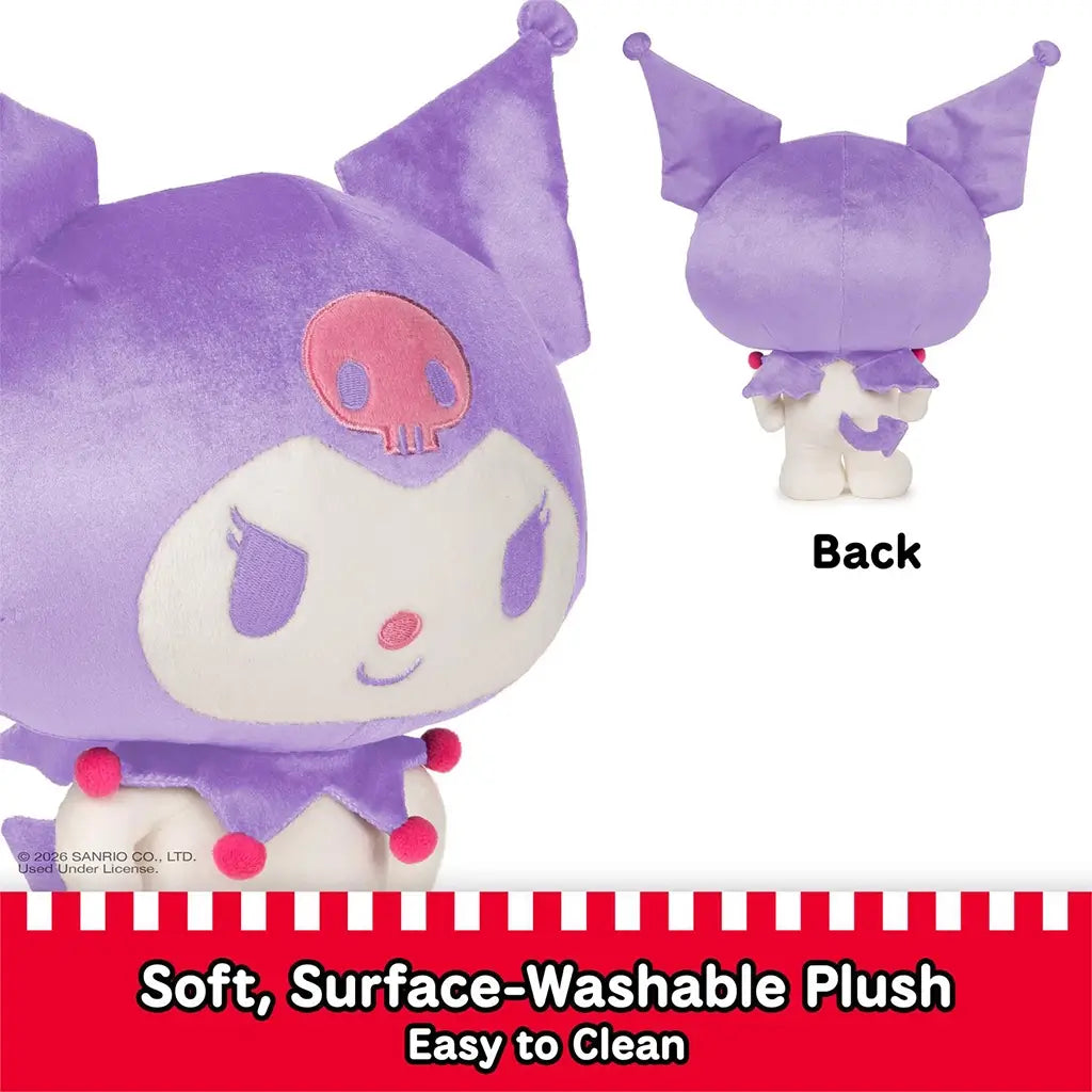 GUND Kuromi plush in purple and white velour fabric with soft texture and rounded character shape, featuring embroidered facial details and surface-washable construction, shown with front and back views on a white background.