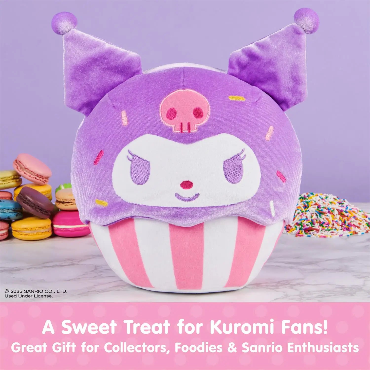 GUND Sanrio cupcake plush collection featuring Kuromi, Hello Kitty, and My Melody designs, shown together with pastel colors, cupcake-inspired forms, embroidered details, and soft velour textures to highlight character variety and collectible appeal.