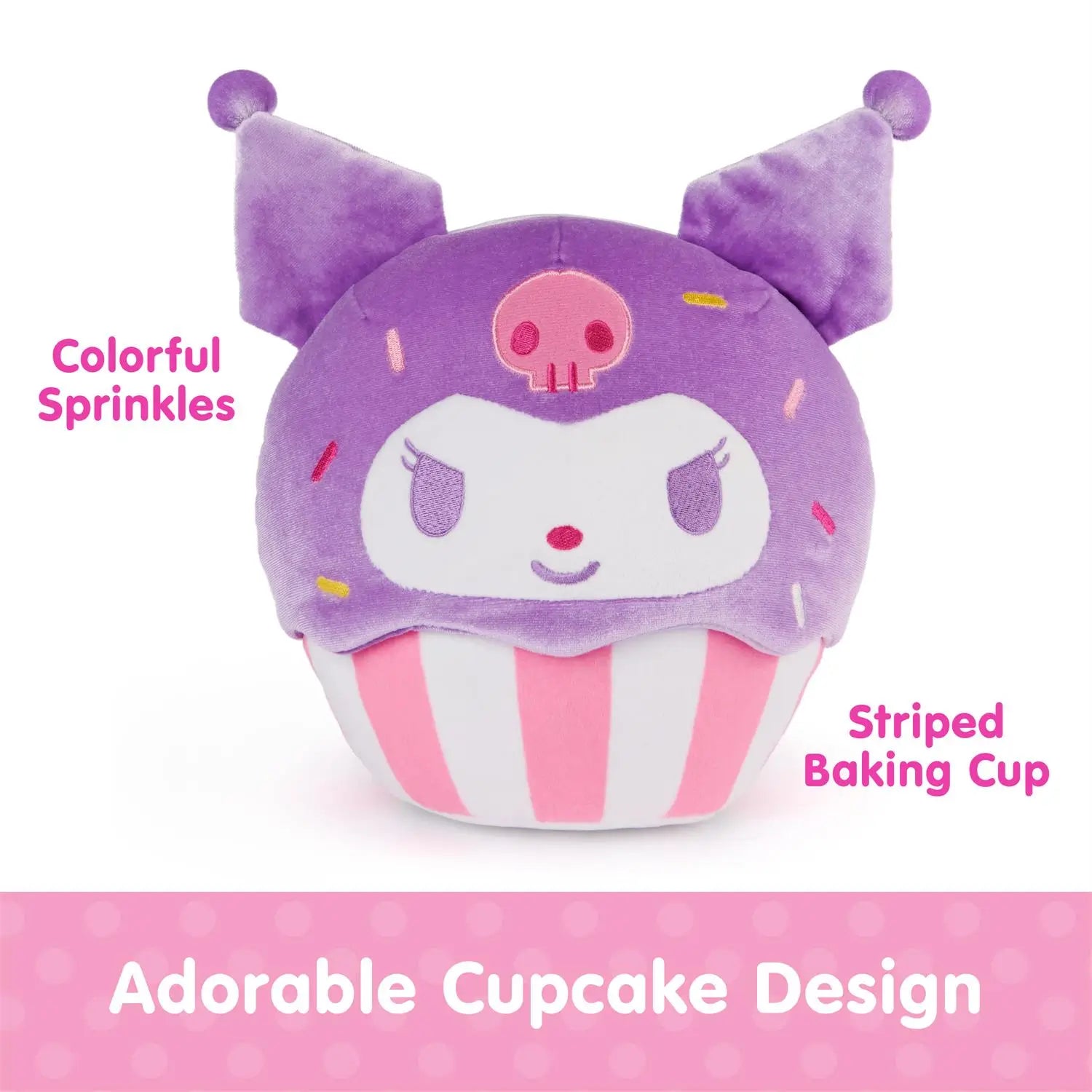 Kuromi cupcake plush by GUND shown in pastel purple and pink velour fabric with smooth soft texture, rounded cupcake shape, striped baking cup base, colorful embroidered sprinkles, skull detail, and playful character expression on a white background.