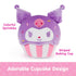 Kuromi cupcake plush by GUND shown in pastel purple and pink velour fabric with smooth soft texture, rounded cupcake shape, striped baking cup base, colorful embroidered sprinkles, skull detail, and playful character expression on a white background.