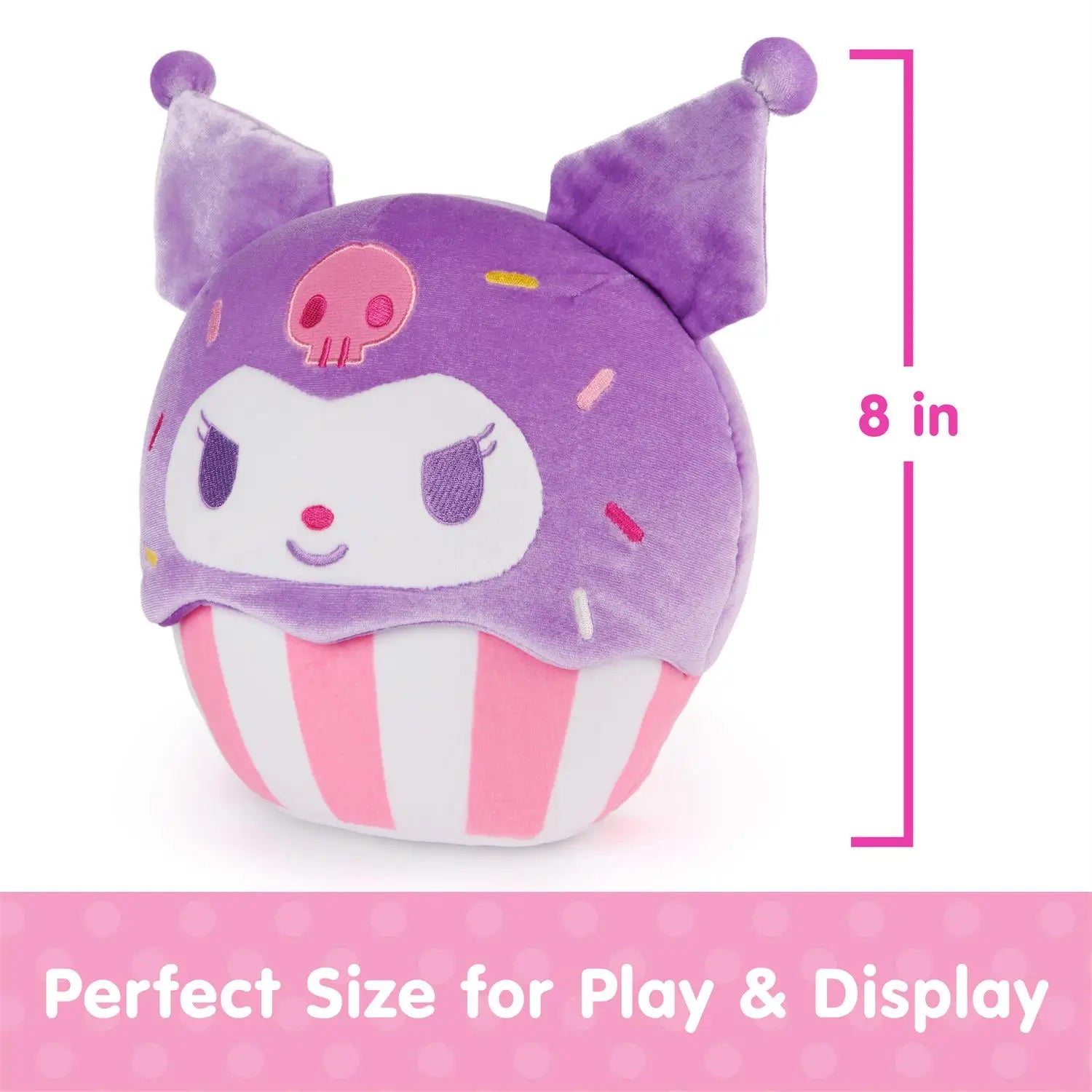 Kuromi cupcake plush by GUND shown with an 8 inch height measurement graphic, featuring purple velour frosting, rounded cupcake shape, striped pink and white base, embroidered sprinkles and skull detail, sized for play, gifting, and display.