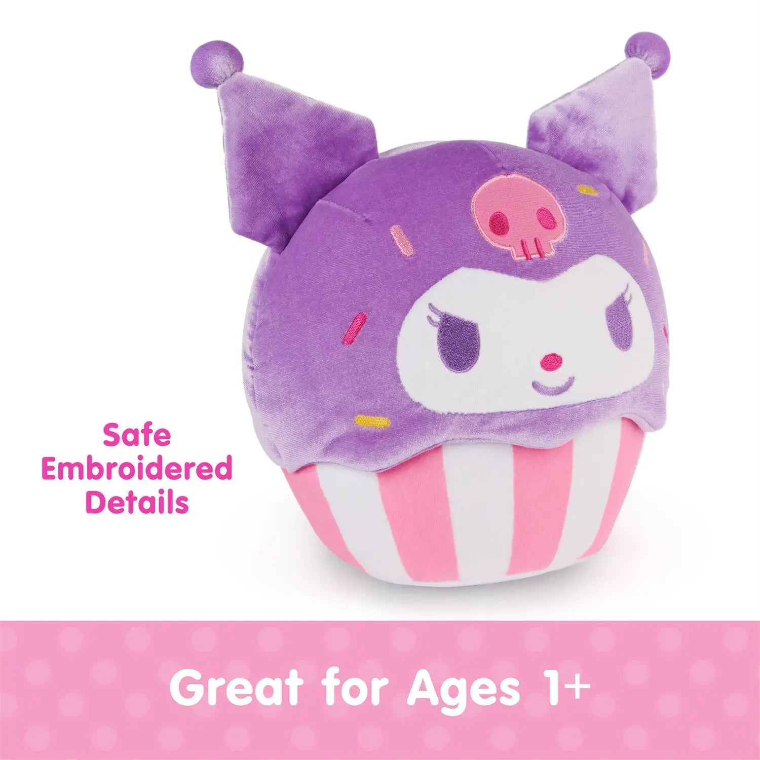 GUND Kuromi cupcake plush highlighting safe embroidered details including eyes, smile, skull emblem, and colorful sprinkle accents, crafted in soft purple velour fabric with rounded cupcake form and striped baking cup base on a white background.