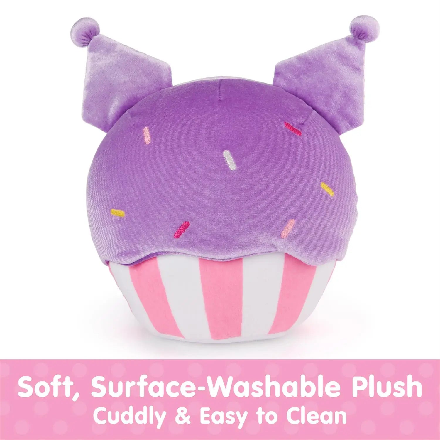 Kuromi cupcake plush by GUND made with soft purple velour fabric and rounded cupcake design, featuring embroidered facial details, striped pink baking cup base, and surface-washable construction, shown with front and back views on a white background.