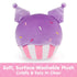 Kuromi cupcake plush by GUND made with soft purple velour fabric and rounded cupcake design, featuring embroidered facial details, striped pink baking cup base, and surface-washable construction, shown with front and back views on a white background.