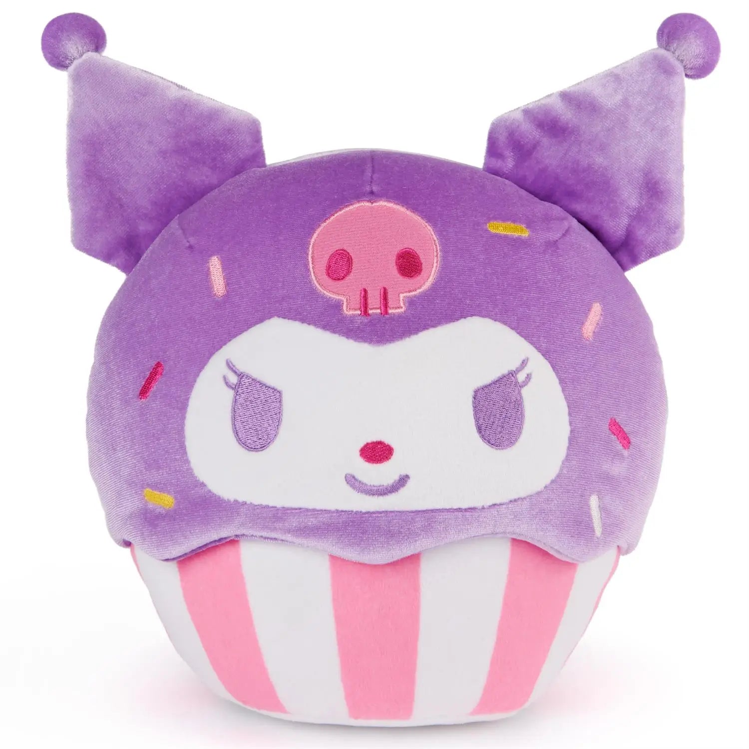 GUND Kuromi cupcake plush in purple velour frosting with plush texture, rounded cupcake silhouette, pink and white striped base, embroidered facial details and skull emblem, designed as a collectible Sanrio character plush photographed on a clean white background.