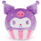 GUND Kuromi cupcake plush in purple velour frosting with plush texture, rounded cupcake silhouette, pink and white striped base, embroidered facial details and skull emblem, designed as a collectible Sanrio character plush photographed on a clean white background.