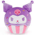 GUND Kuromi cupcake plush in purple velour frosting with plush texture, rounded cupcake silhouette, pink and white striped base, embroidered facial details and skull emblem, designed as a collectible Sanrio character plush photographed on a clean white background.