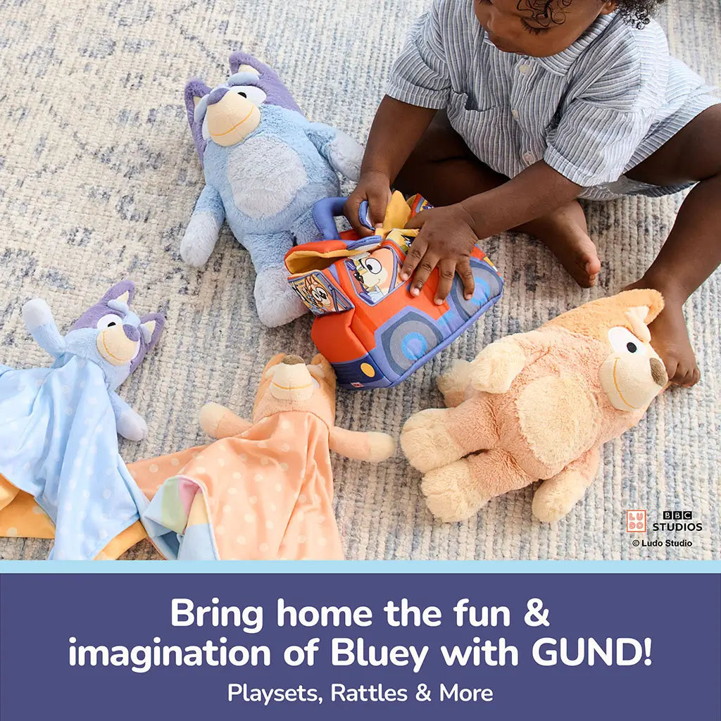GUND Bluey plush collection shows Bluey and Bingo characters in soft pastel colors, seated side by side on a couch, emphasizing collectible options for themed play and coordinated nursery decor.