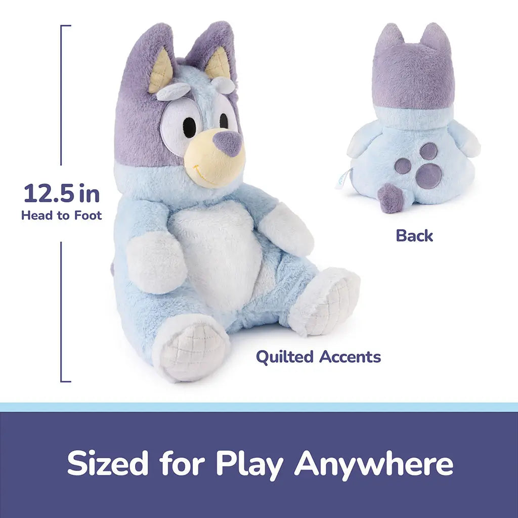 Bluey plush toy is shown with a 12.5-inch head-to-foot measurement, featuring a compact seated form, rounded proportions, and quilted accent details sized for play anywhere and easy carrying.
