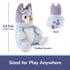 Bluey plush toy is shown with a 12.5-inch head-to-foot measurement, featuring a compact seated form, rounded proportions, and quilted accent details sized for play anywhere and easy carrying.