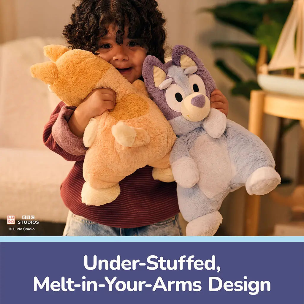 Bluey snuggly plush highlights an under-stuffed, melt-in-your-arms design with soft textured fabric, gentle curves, and flexible limbs, providing soothing comfort and easy hugging during quiet playtime.