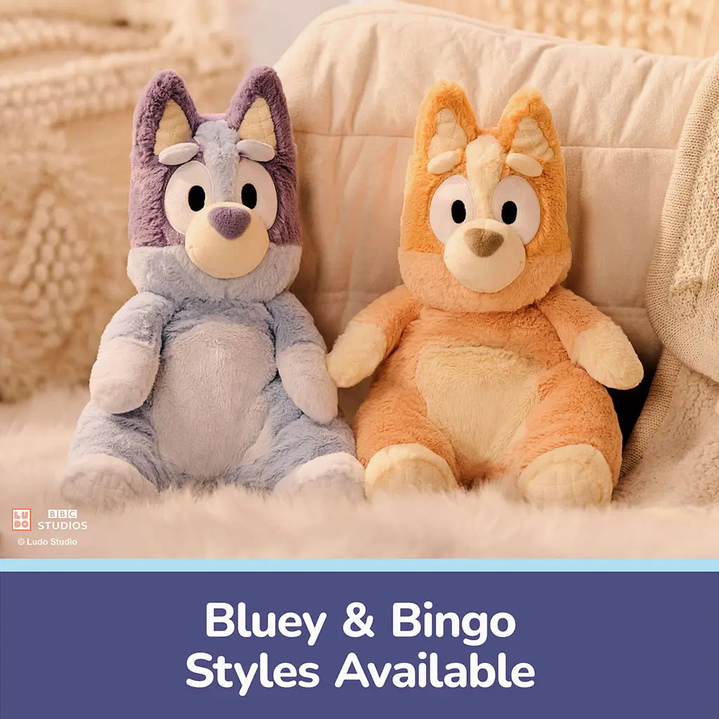 Bluey and Bingo plush styles are displayed together, showing pastel blue and warm orange colorways, soft textures, rounded shapes, and true-to-show details for fans to choose their favorite character.