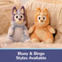 Bluey and Bingo plush styles are displayed together, showing pastel blue and warm orange colorways, soft textures, rounded shapes, and true-to-show details for fans to choose their favorite character.
