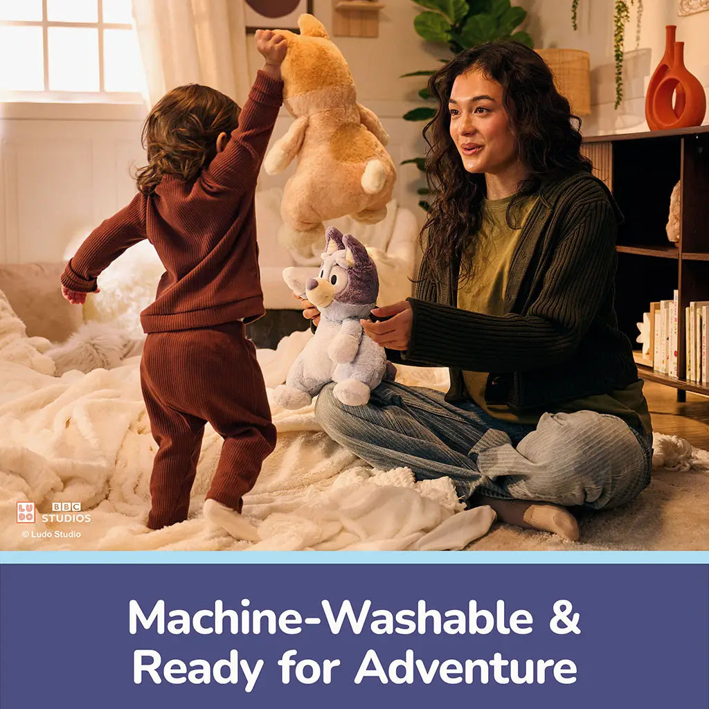 Machine-washable Bluey plush features durable ultra-soft fabric, embroidered facial details, and reinforced stitching, designed to remain cuddly and gentle after repeated washing and everyday adventures.
