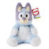 Oh So Snuggly Bluey plush displays pastel blue plush fabric with lavender ears, rounded seated shape, stitched facial details, and a relaxed pose, designed as a comforting cuddle companion for young children.
