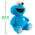 GUND Sesame Street Cookie Monster plush in bright blue jersey cotton with quilted foot pads and floppy arms, rounded huggable shape, shown with measurement graphic indicating 12.5-inch head-to-toe size on a clean white background.