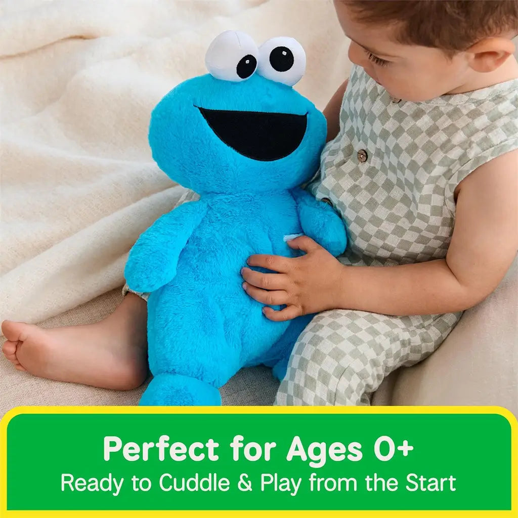 GUND Sesame Street Cookie Monster plush in bright blue soft fabric with floppy limbs and friendly expression, designed for hugging, held by a young child in a cozy living room setting during relaxed playtime.