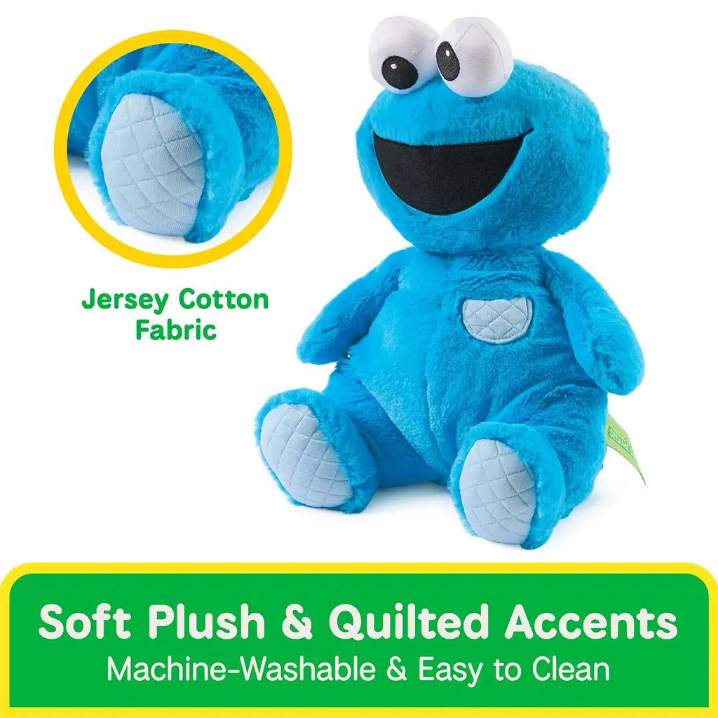 GUND Sesame Street Cookie Monster plush crafted from soft blue jersey cotton with quilted accents and gently under-stuffed body, designed for cuddling and easy care, highlighted as machine washable and simple to clean.