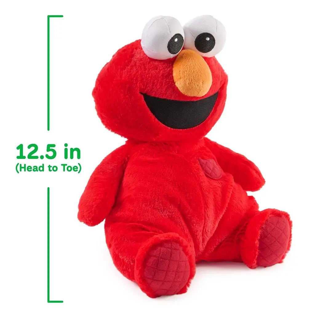 GUND Sesame Street Elmo plush in bright red jersey cotton with quilted feet and floppy arms, shown with measurement graphic indicating 12.5-inch head-to-toe size, designed for easy cuddling and display.