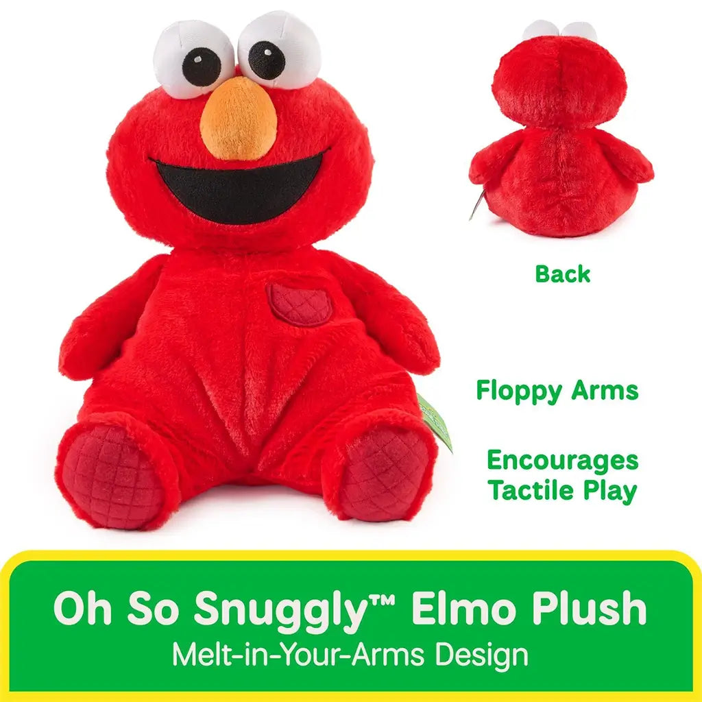 GUND Sesame Street Elmo plush toy in bright red jersey cotton with quilted paw accents, rounded floppy arms, and embroidered smile, designed for cuddling and sensory play, shown from front and back on a white background.